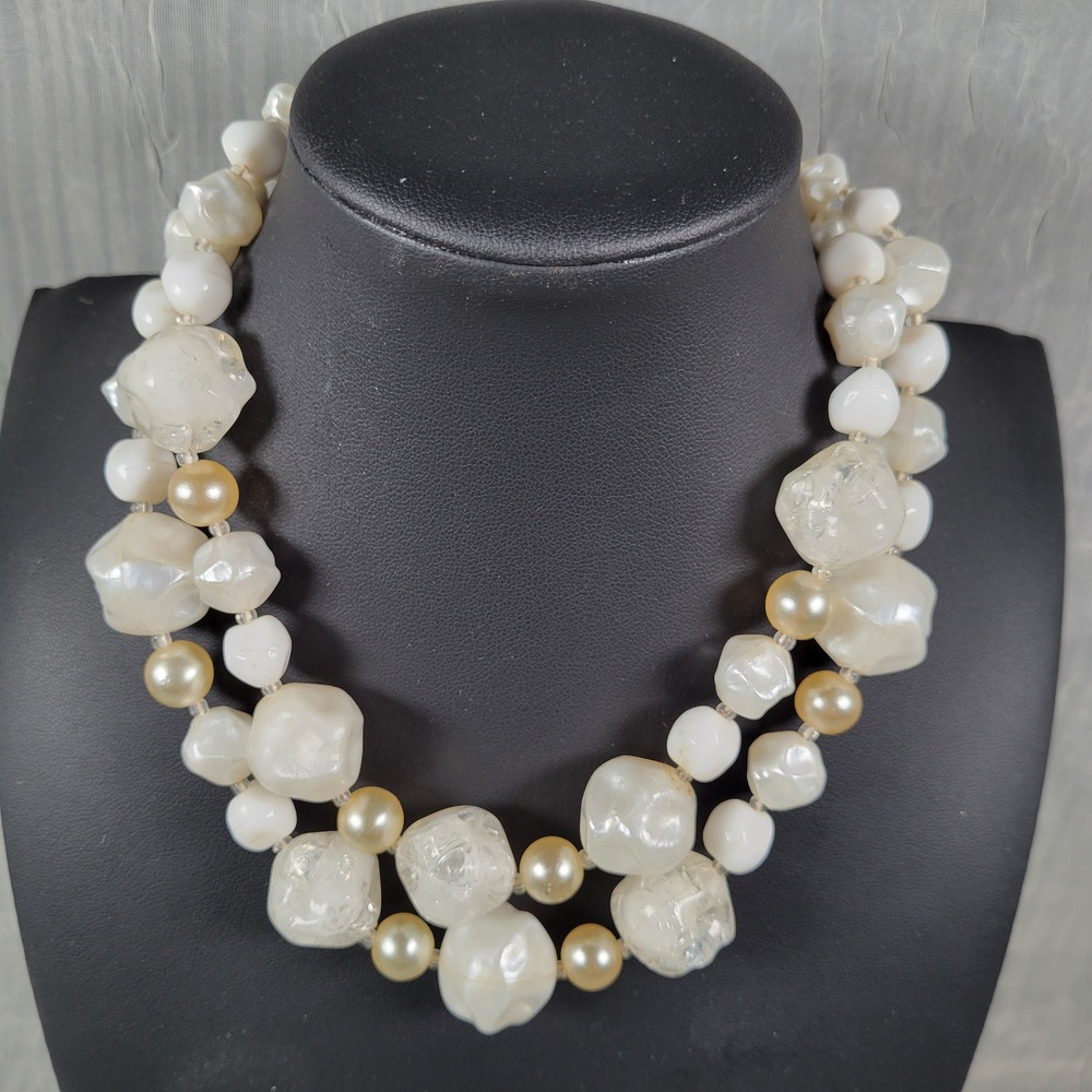 Vintage W Germany Double Strand Faux Pearl White Givre Glass Bead Necklace